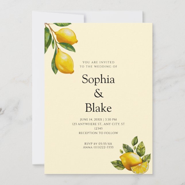 Modern Spring Themed Lemon Citrus Yellow Wedding Invitation (Front)