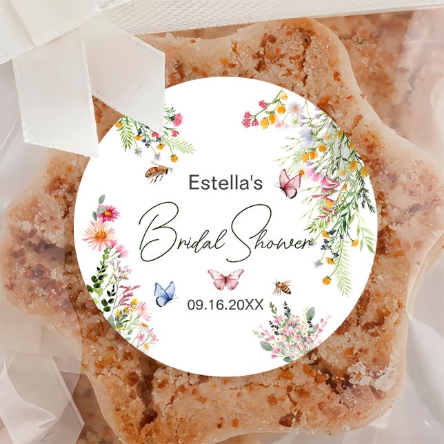 Modern Spring Wild Flowers Script Bridal Shower Classic Round Sticker (Creator Uploaded)