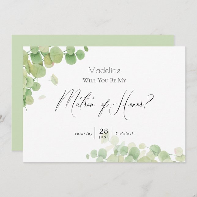 Modern Springtime Eucalyptus Matron of Honour Invitation (Front/Back)