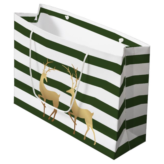Modern Spruce Green Stripes Gold Deer Large Gift Bag (Front Angled)