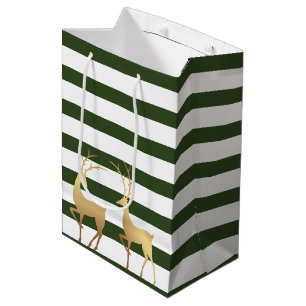 Modern Spruce Green Stripes Gold Deer Medium Gift Bag