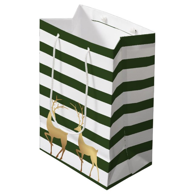 Modern Spruce Green Stripes Gold Deer Medium Gift Bag (Front Angled)