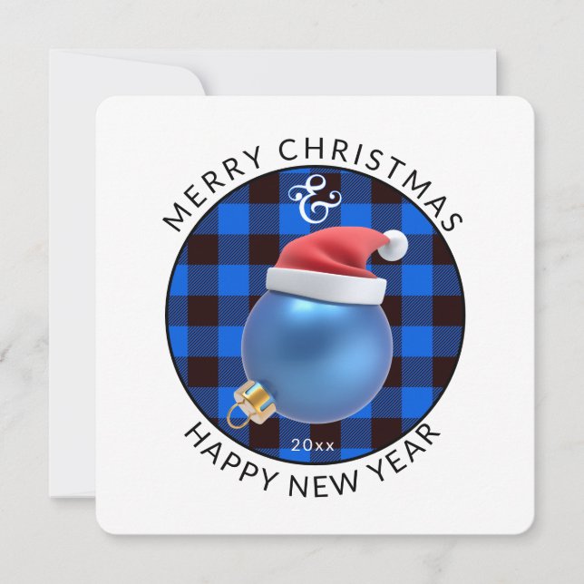 Modern Squar, Christmas | Ornament & Blue Plaid  Holiday Card (Front)