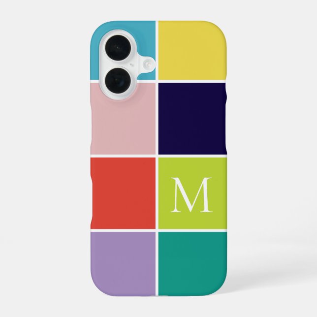 Modern square colour block monogram iPhone 16 case (Back)