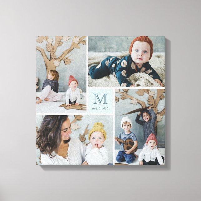 Modern Square Family Monogram Photo Collage Canvas (Front)