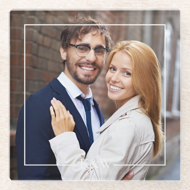 Modern Square Frame Monogrammed Photo Glass Coaster (Front)
