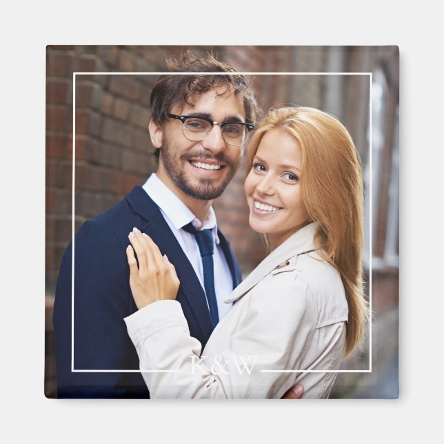 Modern Square Frame Monogrammed Photo Magnet (Front)