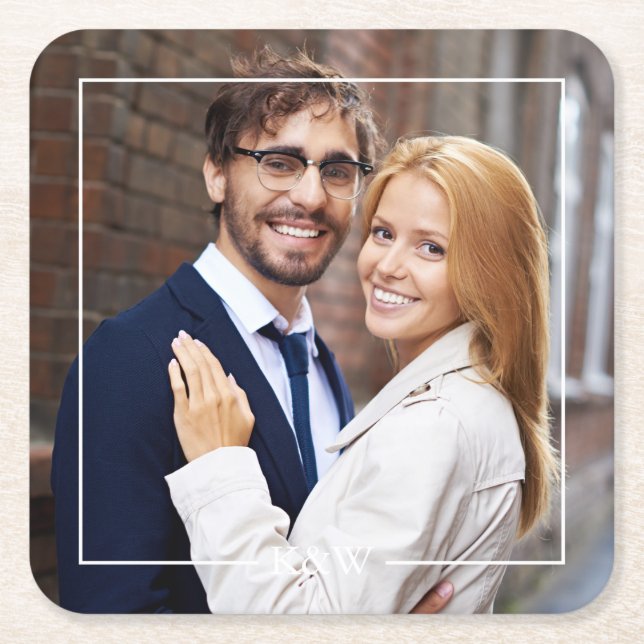 Modern Square Frame Monogrammed Photo Paper Coaster (Front)