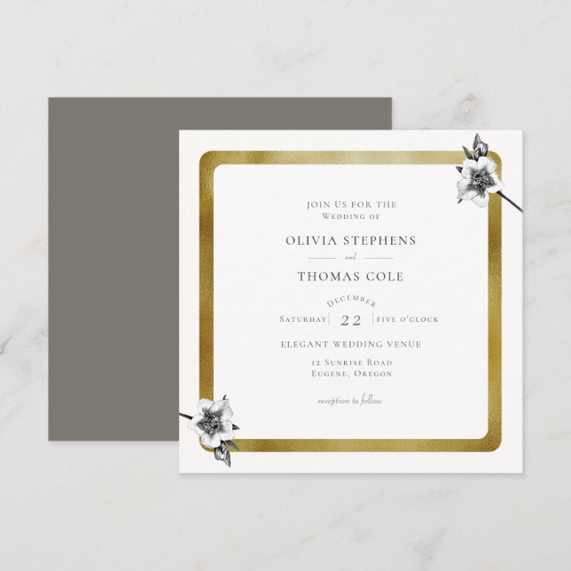 Modern Square Gold Xmas Roses Christmas Wedding Invitation (Front/Back)