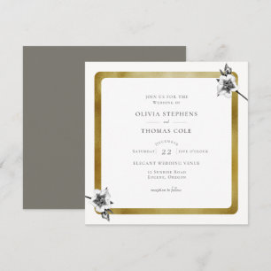 Modern Square Gold Xmas Roses Christmas Wedding Invitation