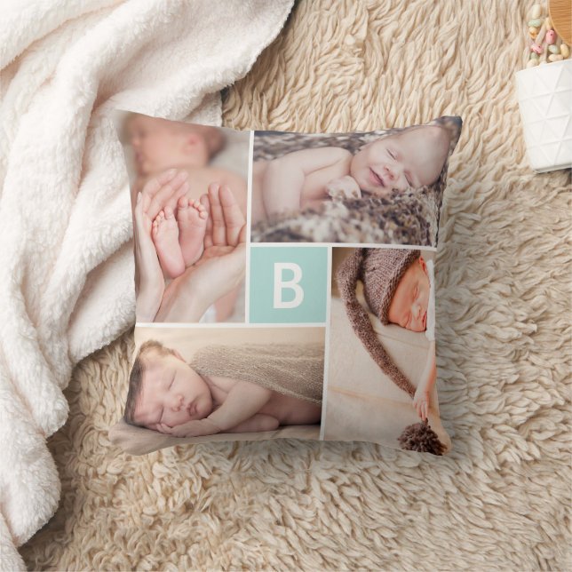 Modern Square Grid Blue Monogram 4 Photo Collage Cushion (Blanket)