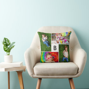 Modern Square Grid Monogram Simple 4 Photo Collage Cushion