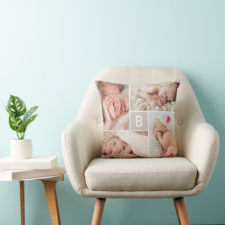 Modern Square Grid Monogram Simple 4 Photo Collage Cushion