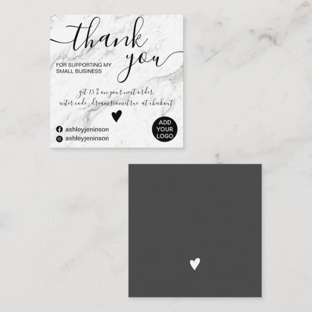 Modern square marble chic order thank you square business card (Front/Back)