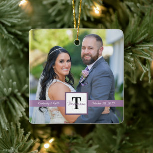 Modern Square Newlywed Wedding Photo Ceramic Ornament
