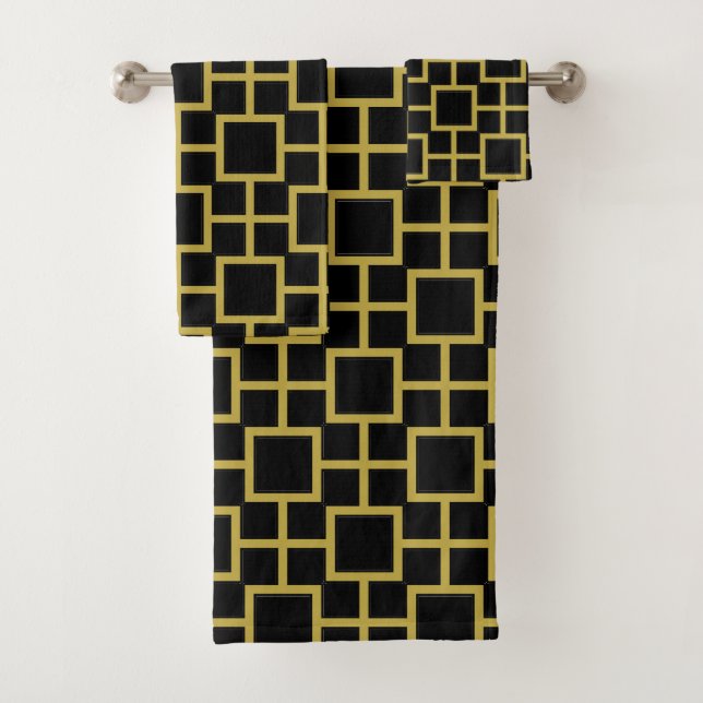 Modern Square Pattern Gold on Black Bath Towel Set (Insitu)