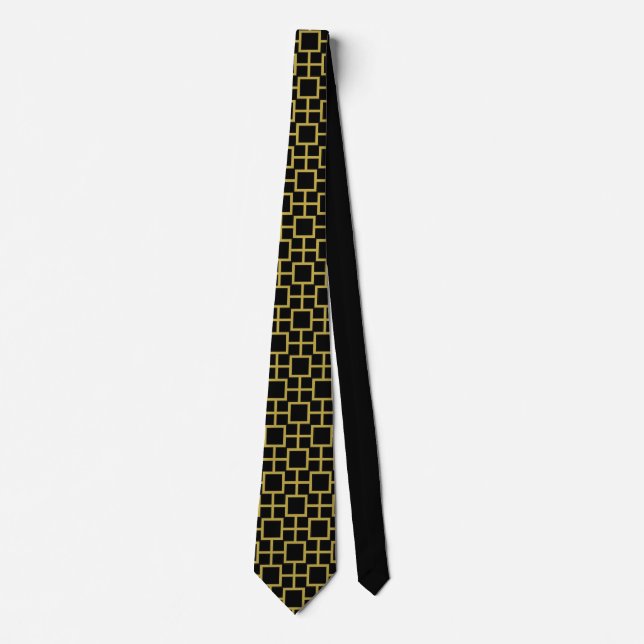 Modern Square Pattern Gold on Black Tie (Front)