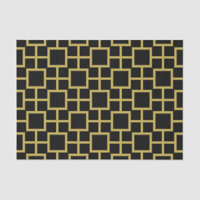 Modern Square Pattern Gold on Black Tissue Paper (Front)