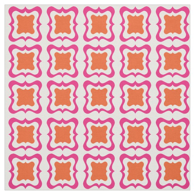 Modern Square Repeat Pattern Hot Pink Orange White Fabric (Swatch)