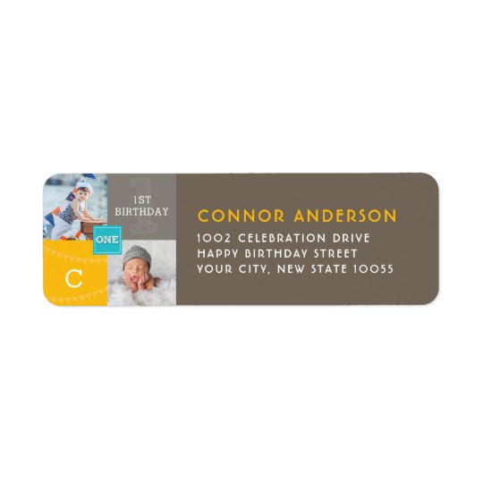 Modern Square Sketch ONE Boy Photo Birthday Party Return Address Label