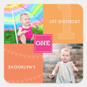 Modern Square Sketch One Girl 1st Birthday Photo Square Sticker