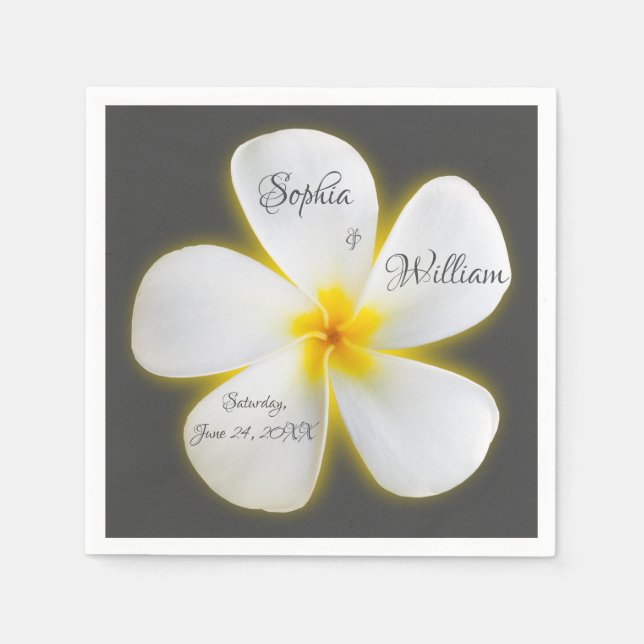 Modern Square White Plumeria Flower, Wedding Napkin (Front)