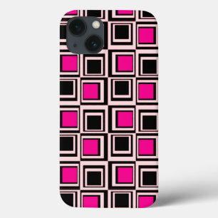 Modern squares, light pink, hot pink and black iPhone 13 case