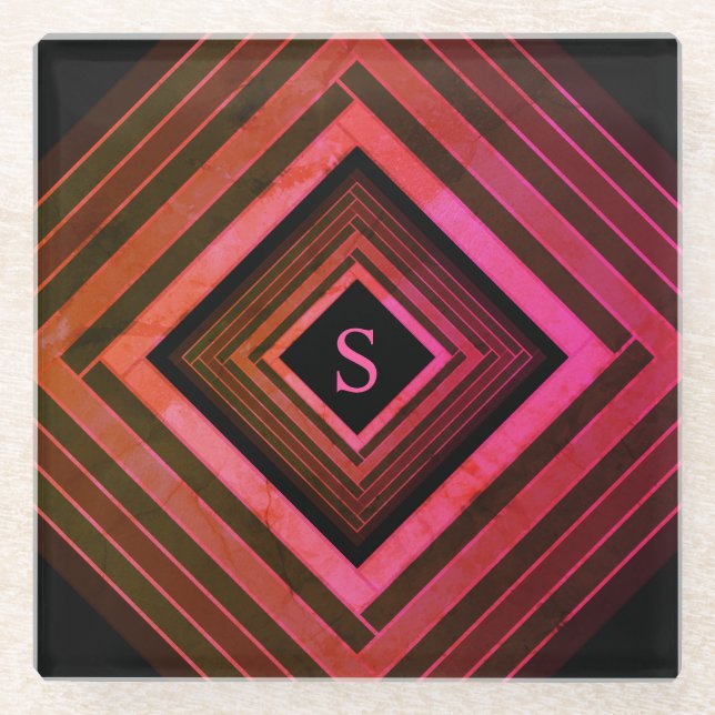 Modern Squares Rustic Pink Geometric Monogram Glass Coaster (Front)