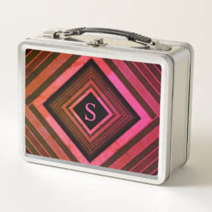 Modern Squares Rustic Pink Geometric Monogram Metal Lunch Box