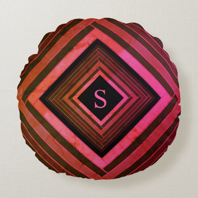 Modern Squares Rustic Pink Geometric Monogram Round Cushion (Front)