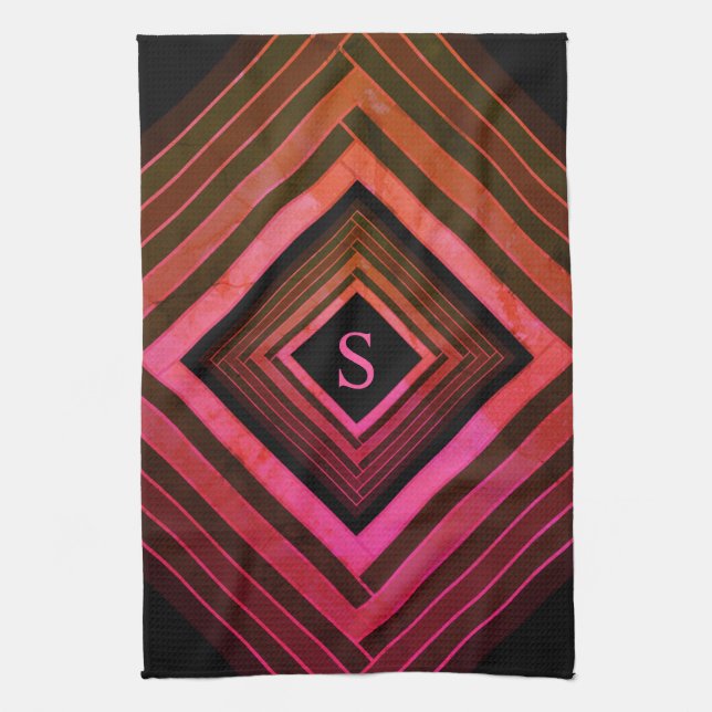 Modern Squares Rustic Pink Geometric Monogram Tea Towel (Vertical)