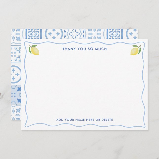 Modern Squiggle Lemons Mediterranean Bridal Shower Thank You Card (Front/Back)