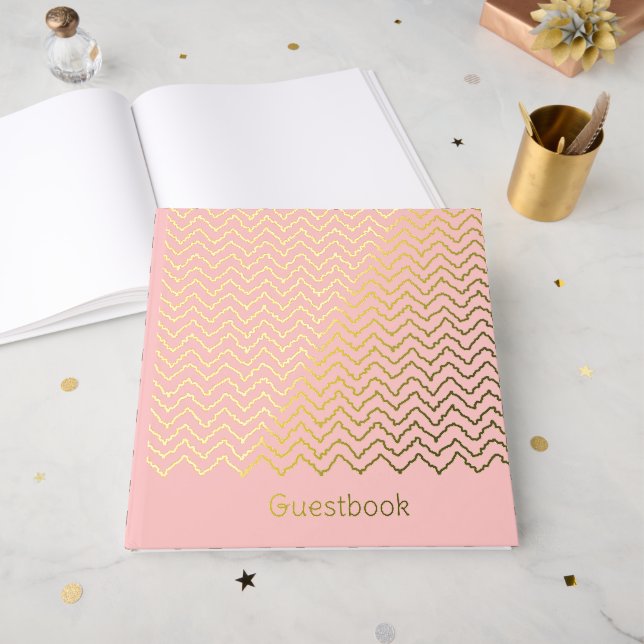 Modern Squiggly Zigzag Chevron Pattern On Pink Guest Book (Front Open)