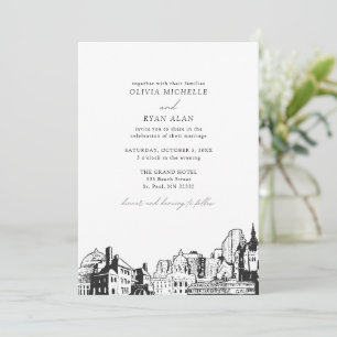 Modern St. Paul Skyline Black & White Wedding Invitation
