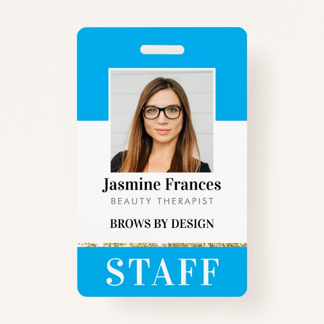 MODERN STAFF PHOTO ID work bold design aqua blue ID Badge (Front)