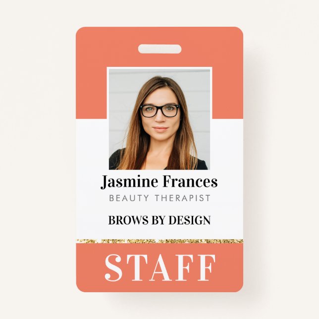 MODERN STAFF PHOTO ID work bold design orange ID Badge (Front)