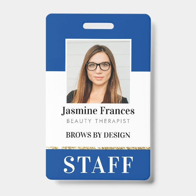 MODERN STAFF PHOTO ID work chic design blue Badge (Front)
