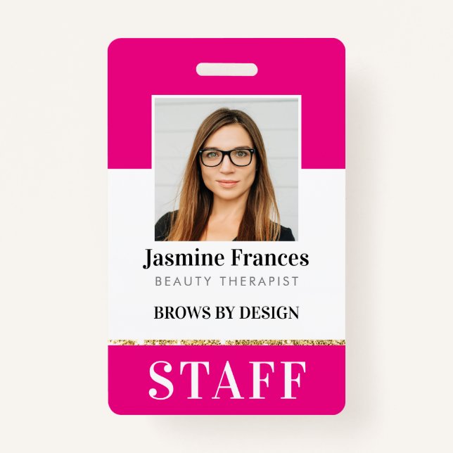 MODERN STAFF PHOTO ID work chic design pink ID Badge (Front)