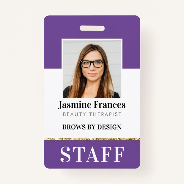 MODERN STAFF PHOTO ID work chic design purple ID Badge (Front)
