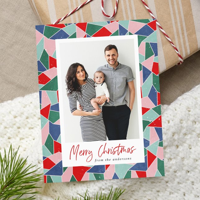 Modern Stained Glass Merry Christmas Photo Holiday Postcard (Creator Uploaded)