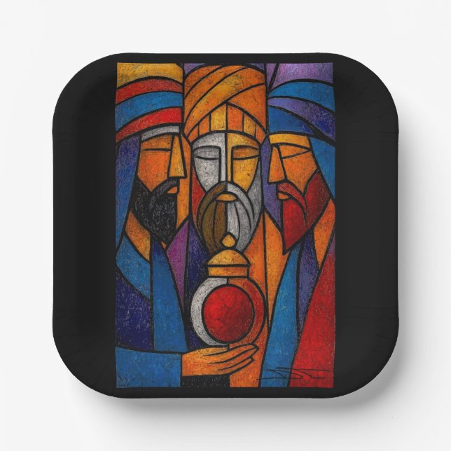 Modern Stained Glass Three Wise Men Paper Plate (Front)