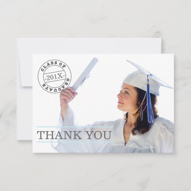 Modern Stamp Photo Graduation Thank You | Blue (Front)