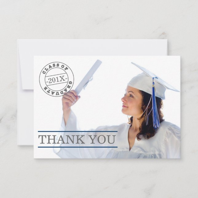Modern Stamp Photo Graduation Thank You | Blue (Front)