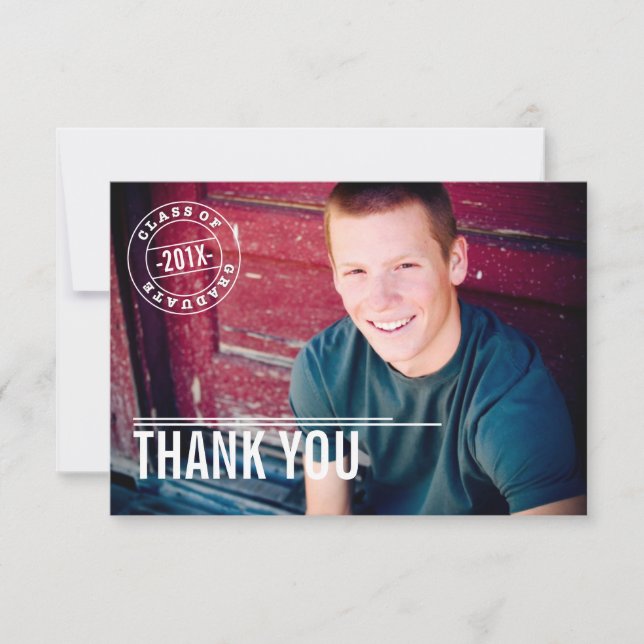 Modern Stamp Photo Graduation Thank You Card (Front)