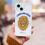 Modern Stand With Israel . Lion of Judah | Name iPhone 15 Case<br><div class="desc">This stylish phone case allows you to show your support for Israel! A hand painted Lion of Judah is the focal point, along with modern typography reading, "I Stand with Israel" in blue. A blue textured splatter design over the white background adds a grunge look. *Artwork exclusively created by Tracey...</div>