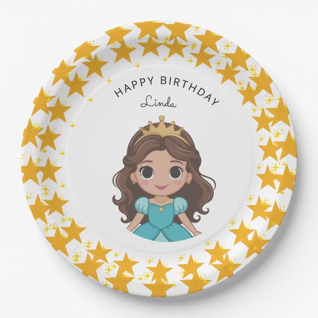 Modern Star and Disney Princess Birthday gold Paper Plate (Front)