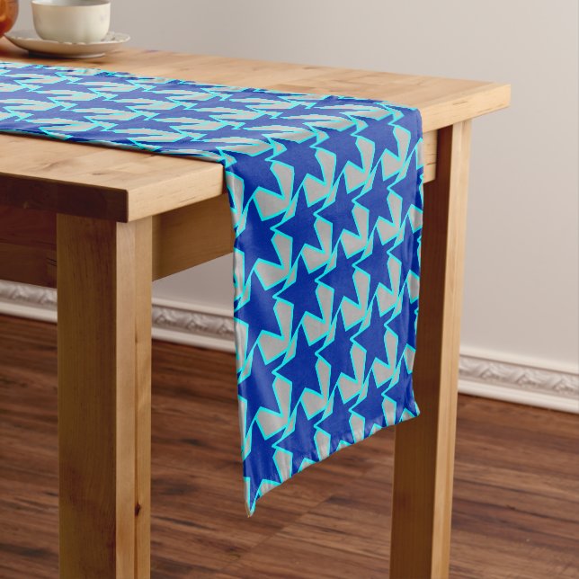 Modern Star Geometric Cobalt Blue and Grey Short Table Runner (In Situ)