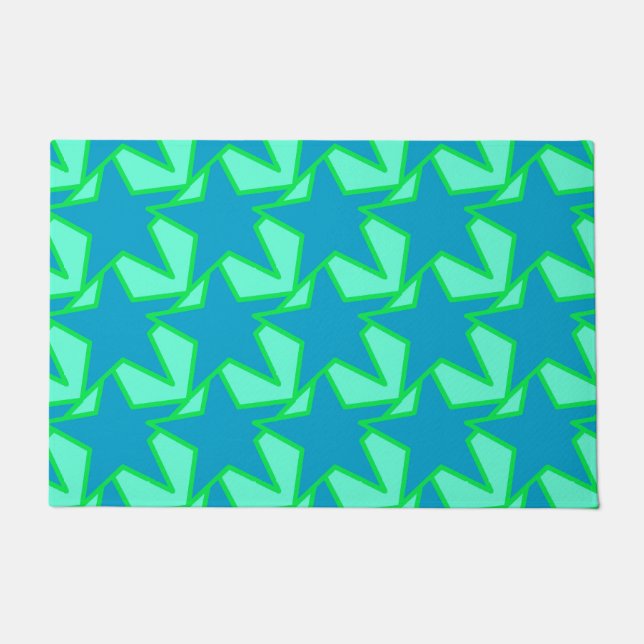 Modern Star Geometric Pattern, Jade Green and Blue Doormat (Front)