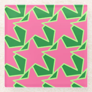 Modern Star Geometric - watermelon pink and green Glass Coaster