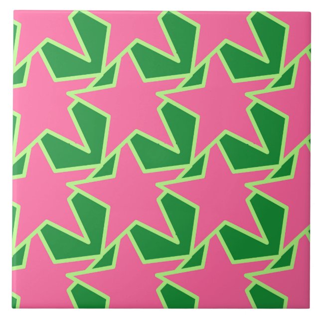 Modern Star Geometric - watermelon pink and green Tile (Front)